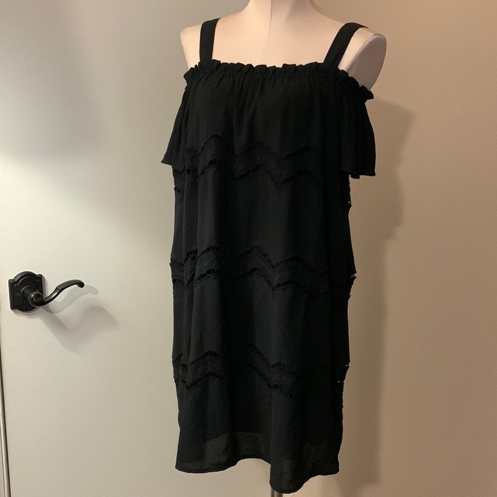 𝅺LOFT open shoulder eyelet black mid length dress size XS but can fit S to M